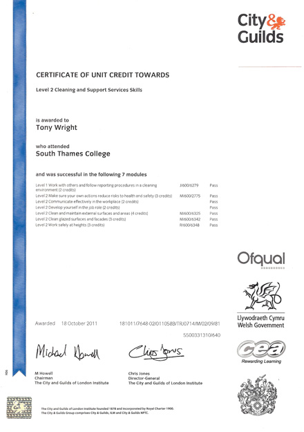 NVQ Level 2 Cleaning and Support Services Skills certificate
